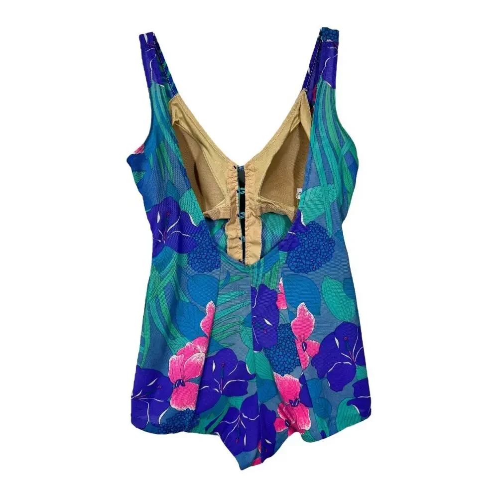 Vintage 1960s Cole Of California Swimsuit 16 One Piece Floral Print Blue Romper - Picture 3 of 7